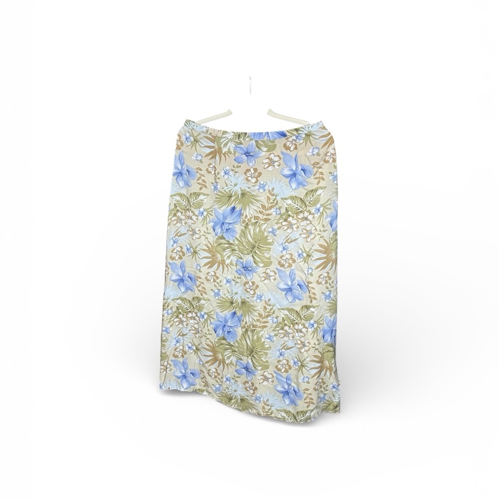 Beige Floral Midi Skirt with Blue Botanical Print